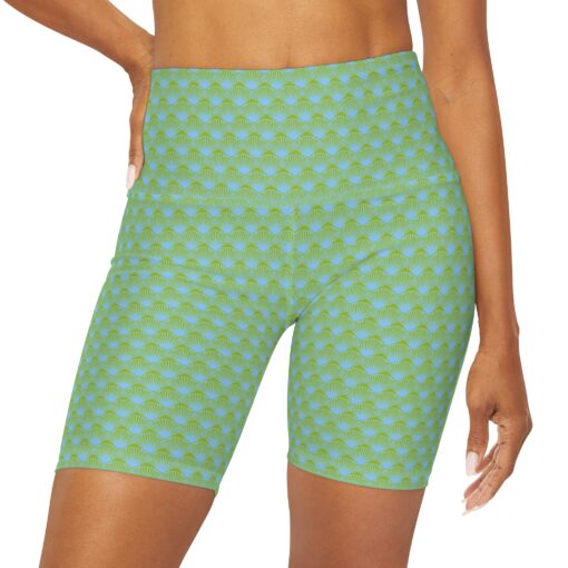 High Waisted Yoga Shorts in Blue-green Seashells - Image 3