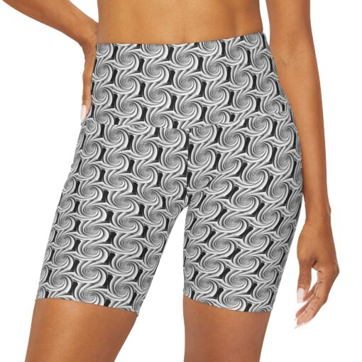 High Waisted Yoga Shorts in Swirled Rhapsody Black and White - Image 3